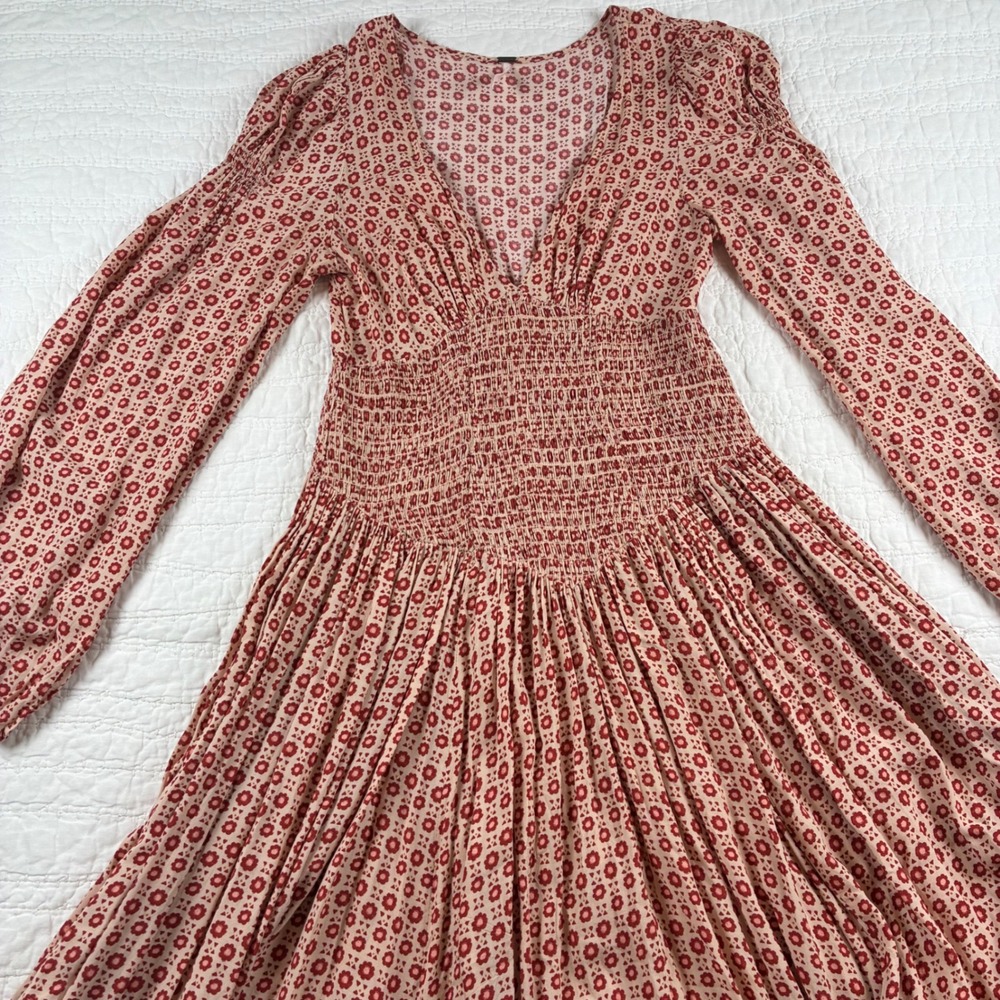 Free People Indigo Child Smocked Maxi Dress Tea Combo Red Floral Boho XS Cottage